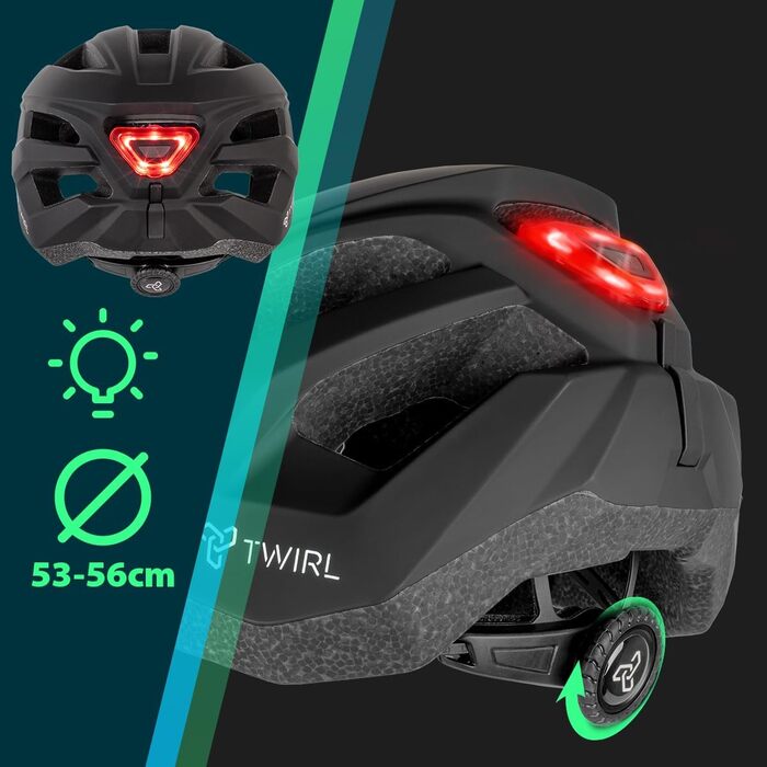 Велосипедний шолом TWIRL City ONE чорний з LED-підсвіткою, сучасний дизайн, розмір M (53-56 см), легкий, міцний, вентиляція, регулювання посадки, якісний пластик
