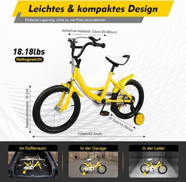 Дитячий велосипед 16 дюймів для дітей 5-8 років (105-135 см), міцний сталевий велосипед з додатковими колесами, регульоване сидіння та кермо (жовтий)