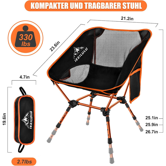 Складний туристичний стілець IEEILULU, 130 кг, для кемпінгу, пікніків, риболовлі, відпочинку на природі та подорожей. Оранжевий колір