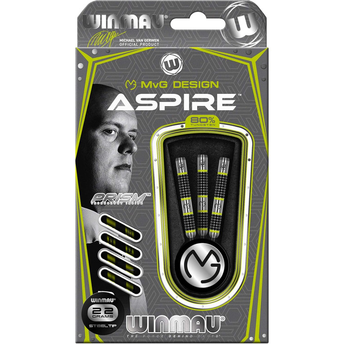 Дротики WINMAU Michael Van Gerwen MvG Aspire із вольфраму зі сталевим вістрям, призмовими крилами та нейлоновими держателями