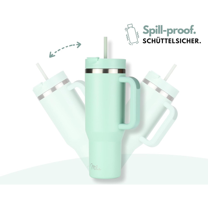 Термокухоль Milu 1200 мл Mellow Mint з ручкою та соломинкою. Ізотермічний кухоль з нержавіючої сталі 40oz для напоїв – 48 годин холод, 24 години прохолода, 12 годин тепло