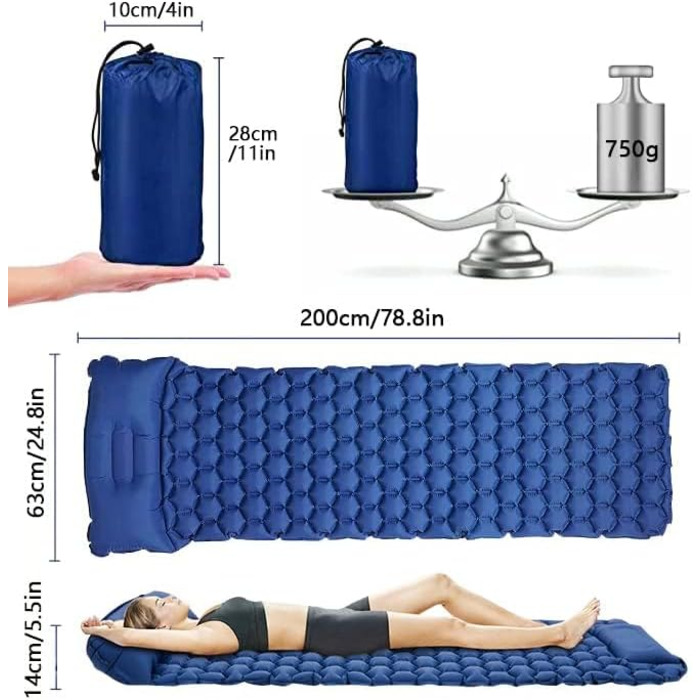 Надувна ізольована матрац Zodight Isomatte Outdoor для кемпінгу та відпочинку на природі, 200 см, блакитний