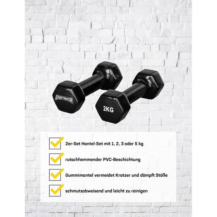 SPORTINATOR Гантелі 2 шт. по 2 кг, шестигранні, чорні, для дому та спортзалу, унісекс, силові тренування