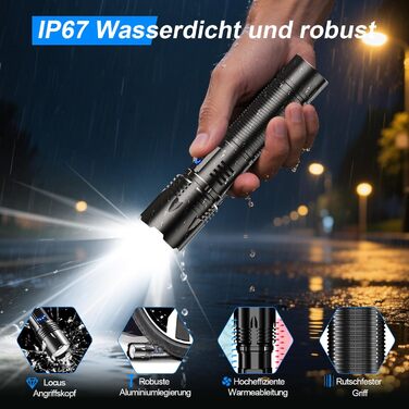 Тактичний ліхтарик LED 50000 люмен, USB-C, 24 години роботи, Zoom, 5 режимів, IP67, водонепроникний, для кемпінгу та туризму, чорний