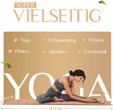 YOGALABS® Преміум 2-в-1 йога-мат з корку та натурального каучуку 183x61x0,4 см, з ременем для перенесення – рельєфний, нековзкий, екологічний, для йоги, гімнастики та пілатесу