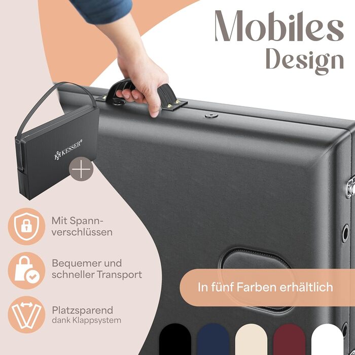 Масажне ліжко KESSER® з 3 зонами, до 250 кг, складане, регульоване, з аксесуарами (підголівник, підлокітники, сумка), антиковзне покриття, 61 см