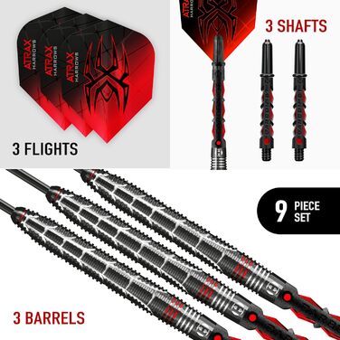 Дротики Harrows Atrax 95% вольфрам, сталевий наконечник, набір 21-26 г, карбонові ST-шафти, крила 100 мікрон червоні