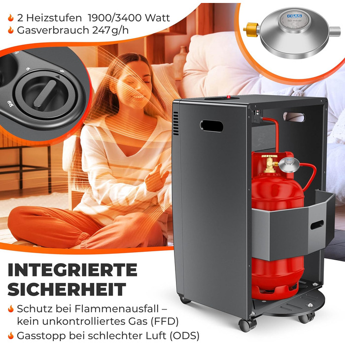 Газовий обігрівач KESSER®: газовий камін-піч, інфрачервоний нагрівач 3,4 кВт, 2 режими, з газовим редуктором та шлангом, для бутану/пропану до 11 кг, антрацит