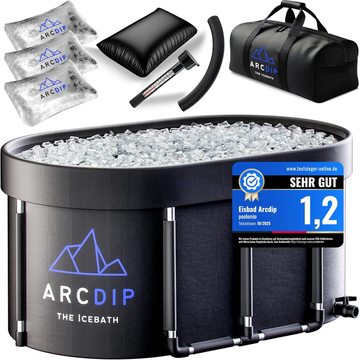 Poolomio® Eisbad Oval Premium Set: Ейсбад овальної форми, 120 x 60 x 60 см, 340 л | Преміум комплект для дому та відпочинку на природі | З алюмінієвим каркасом, ізольованим кришкою та аксесуарами | Ейсванна для холодової терапії та відновлення