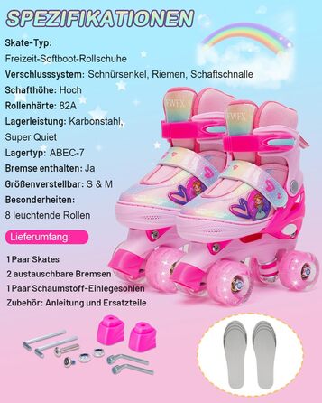 Дитячі ролики FWFX з регулюванням та підсвіткою, підходять для залу та вулиці, розмір S (EU 28-31 / MM 160-200), рожеві