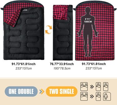 Спальний мішок для двох дорослих з флісу, зимовий, з подушками та сумкою для перенесення, 233*157 см, червоний