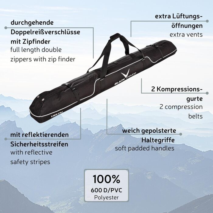 Сумка для лиж Black Crevice на 1 пару лиж і палиць, міцна лижна сумка з подвійними ручками, повний двосторонній замок, 180x17x18 см, чорна/біла