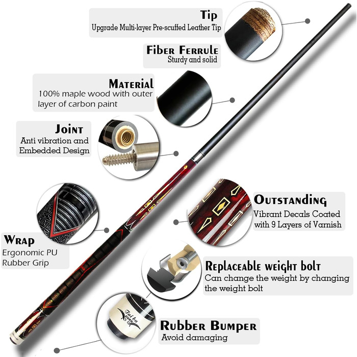 Більярдний кий TaiBa 2-частинний з ручкою з натуральної шкіри, канадський клен, 147.3 см, з муфтою, наконечник 13 мм, сталь, 19-21 oz, коричневий, винно-червоний, королівський синій