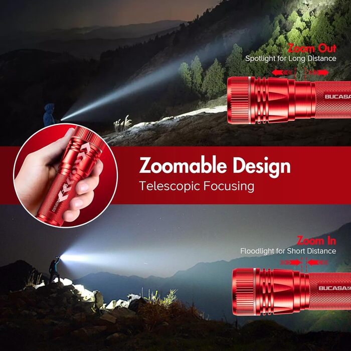 Ліхтарик LED BUCASA, 2000 люмен, 3 режими, збільшується, водонепроникний, для кемпінгу та активного відпочинку (червоний)