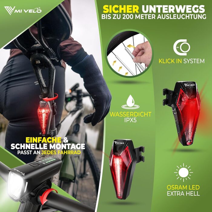Набір велосипедних LED-ліхтарів MIVELO SMART ONE 100 люкс, акумулятор 2000 мА·год, авто-сенсор, USB зарядка, водонепроникний, передня і задня фара, з рефлекторами, сертифікат StVZO, енергоефективність A+++