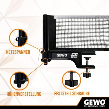 GEWO CS Вулична сітка для настільного тенісу, вологостійка, міцна конструкція, регулювання висоти, проста установка, чорна