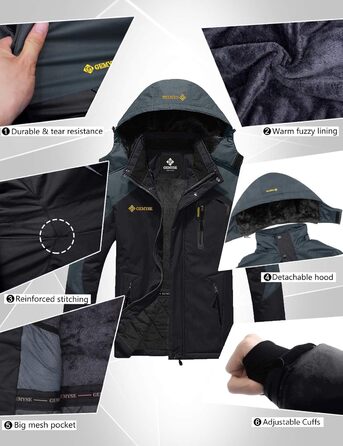 Чоловіча зимова куртка GEMYSE для катання на лижах, тепла, непродувна, водонепроникна, дихаюча, з багатьма кишенями, чорно-сіра, XXL