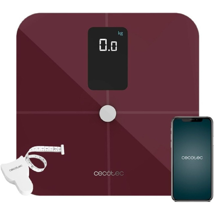 Ваги для ванні кімнати Cecotec Digitale 10400 Smart Healthy Vision з додатком, точність поверхні, дисплей, вимірювання біоімпедансу, частота серця, 180 кг, гранатовий
