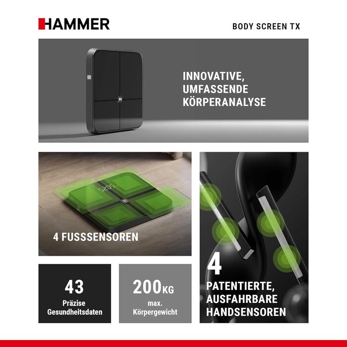 Розумні ваги HAMMER Body Screen TX, 8 сенсорів, аналіз складу тіла, 43 показники здоров'я, додаток, Bluetooth