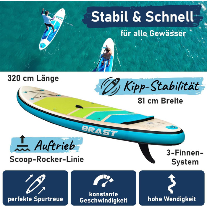 Надувний SUP-борд BRST Tropic | Комплект для станд-ап паддлбордингу | 320x81x15 см | 6 дизайнів | 5 років гарантії | з аксесуарами | 2в1: SUP та каяк, тримач для Action Cam, ланцюжок для ніг, насос, рюкзак (Турквіз)