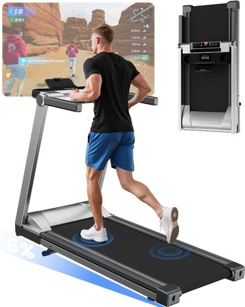 Складне бігове доріжки для дому Klappbar 16 km/h, Walking Pad Foldable з нахилом 6%, бігове доріжки 158 KG велика площа бігу 112 * 42cm, бігове доріжки тихе для дому та офісу (Срібно-Чорний)