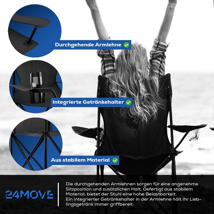Складний стілець 24MOVE® для риболовлі та відпочинку на природі: чорний складаний стілець з підстаканником, для кемпінгу, саду та дому, поліестер