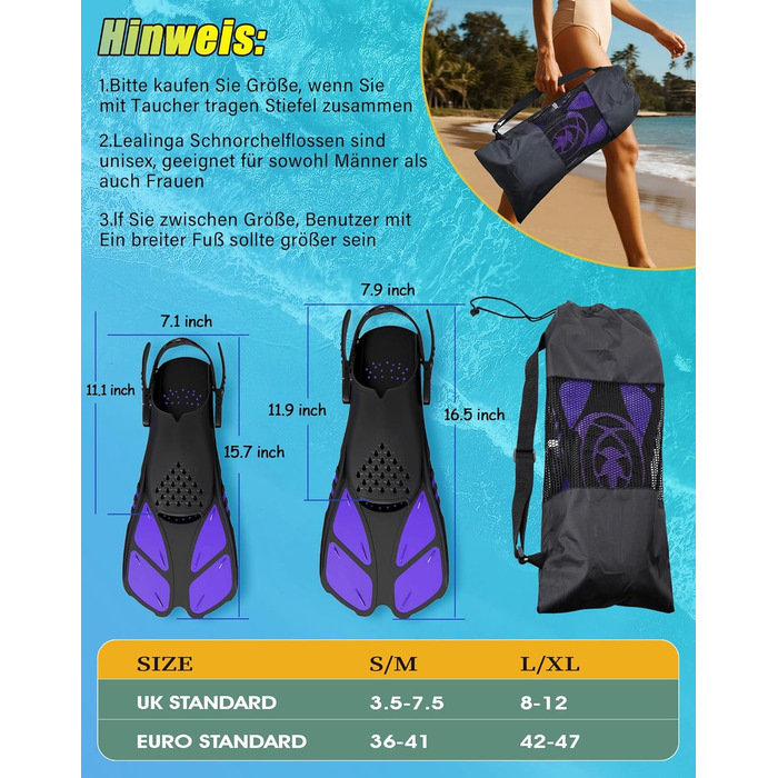 Ласти для плавання Schnorchelflossen L-XL (Темно-лілові) - регульовані, дорослі/дитячі, унісекс, з сітчастим чохлом