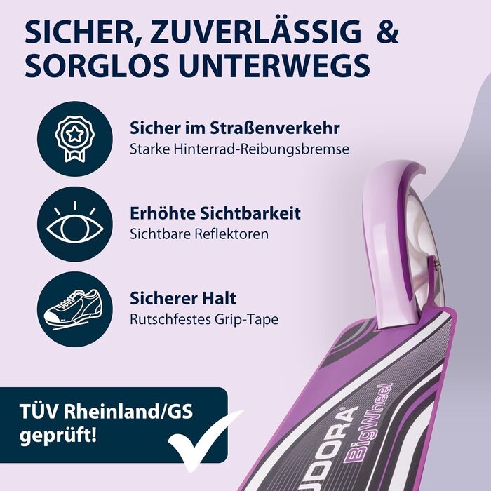 HUDORA BigWheel Scooter 205: Стабільний самокат з алюмінію, регульована висота, складаний, для дітей та дорослих (до 100 кг), фіолетовий