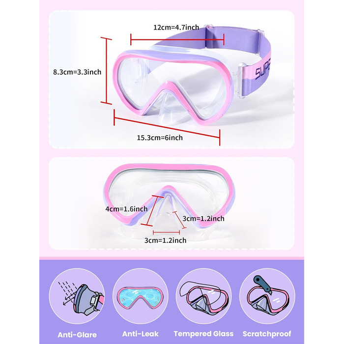 Дитяча маска для плавання та снорклінгу Supertrip, 6-14 років, скло, рожево-фіолетовий