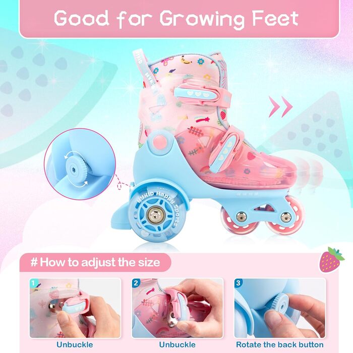 Дитячі ролики для дівчаток, 4 розміри, регульовані, безпечні, дихаюче матеріалу, легкі, для початківців (fruit, XS: 25-27.5 EU)