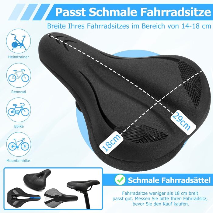 Подушка на сидіння велосипеда для чоловіків та жінок, товста та м'яка, комфортний чохол на сидіння велосипеда, велосипедний сидіння з підкладкою для шосе, гірського велосипеда, електровелосипеда, велотренажера (C1 Чорний, вузький)