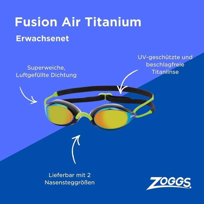 Окуляри для плавання Zoggs Fusion Air дорослі, унісекс – комфортна посадка, антизапіт, UV-захист, широке поле зору, змінний носовий місток, колір: чорний/лайм/дзеркальне золото