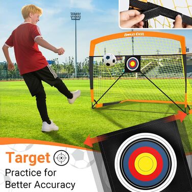 Ворота для футболу Dimples Excel Pop-Up – розкладні для дітей | 1 або 2 шт. в розмірах 120x90 / 152x110 / 213x152 см | 3 кольори на вибір | Опційно з м'ячем, насосом, конусами та мішенню | Для саду та подарунка (2-213x152 помаранчевий+аксесуари)