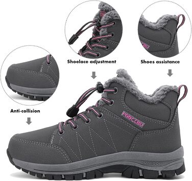 Жіночі зимові чоботи - тепла підкладка, водонепроникність, трекінгові та похідні черевики, зимові короткі чоботи, Outdoor боти (Сірий, 38.5 EU)