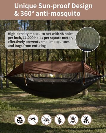 Гамак-намет Travel Bird з москітною сіткою та сонцезахистом, 290x140 см, великий простір, багатофункціональний, легкий, з ременями для кріплення до дерева, підходить для кемпінгу та відпочинку на природі, зелений (коричневий)