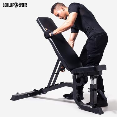 GORILLA SPORTS® універсальна лавка для жиму, сталева, чорна, 7-рівнева спинка, 5-рівневе сидіння, 140x72,5x54-138 см, багатофункціональна фітнес лава для тренувань, шраґ, плоска, негативна