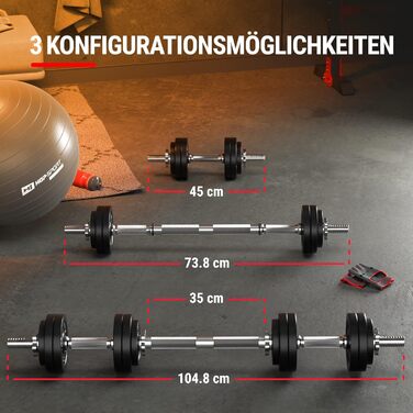 Комплект гантелей Hop-Sport 2в1 з чавуну: короткі та довгі гантелі, 30 мм, 30 кг (2×15 кг), з'єднувальна сталева труба