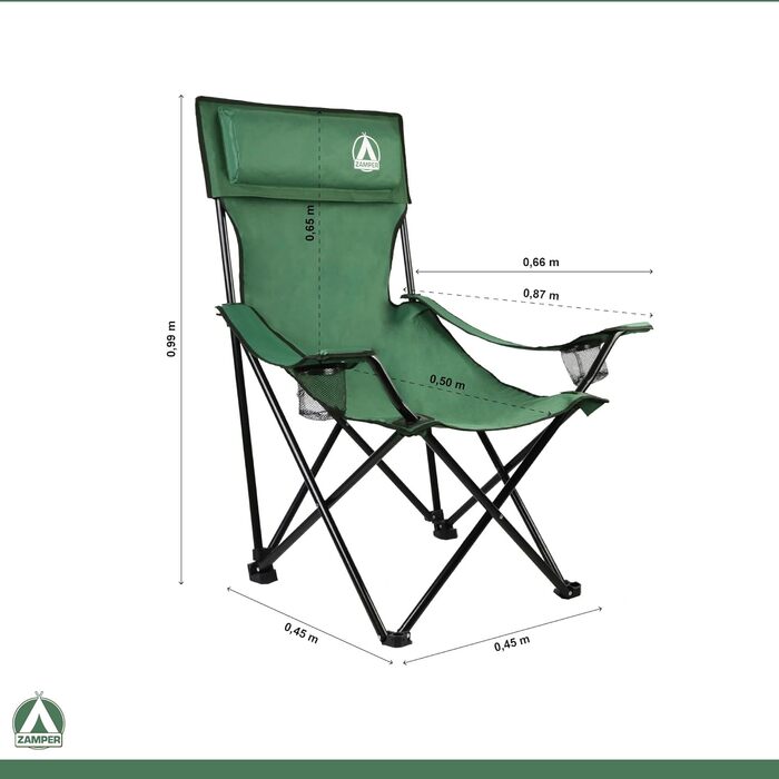 Крісло для кемпінгу Zamper 150 кг, складне – риболовне та кемпінгове з підстаканником та знімною подушкою для голови
