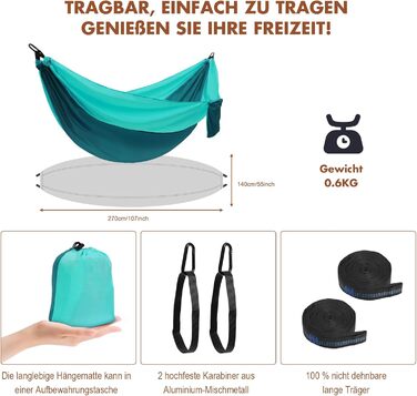 Гамак для кемпінгу на 2 особи, 270x140 см, Bragbare, 300 кг, з сумкою, для саду, балкону, відпочинку, Pfauenblau/Pfauengrün