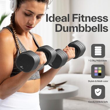 Sportneer Регульовані гантелі для жінок – комплект з 2 гантелей (по 1–2,5 кг) з неслизьким TPU-покриттям, 4-в-1 комплект гантелей для фітнесу вдома, для домашнього спортзалу та силових тренувань, колір: Димчасто-чорний