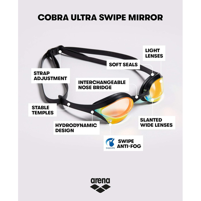 Окуляри для плавання arena Cobra Ultra Swipe Mirror для дорослих, дзеркальні, антифог, UV-захист, 5 змінних перенісся
