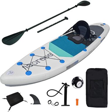 Надувний SUP Board JOOLOOG Stand Up Paddle Board 300 кг, 6 дюймів товщини, з аксесуарами для веслування для дорослих та підлітків, довжина 10'2/10'5', 320 x 81 x 15 см, зелено-сірий колір (білий/чорний з сидінням)