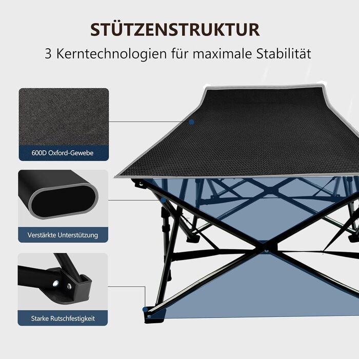 Кемпінгове ліжко Bonnlo розкладне з матрацом – ліжко для риболовлі, відпочинку на природі, у саду, на пляжі, 190x71x36 см (Чорний)