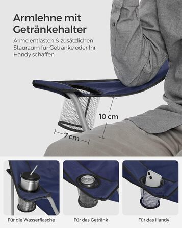 SONGMICS Крісла для кемпінгу, складні, для відпочинку на природі, зручні, з підлокітниками та тримачем для напоїв, стабільний каркас, вантажопідйомність 120 кг, 2 шт (Темно-синій)