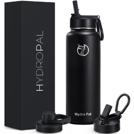 HydroPal Фляга з нержавіючої сталі - 750 мл, 1 л, 1.2 л, 1.9 л, без BPA, для газованої води, ізольована з трубочкою та 2 кришками, чорний колір