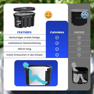 Купіль для крижаних ванн CalmMax XL з кришкою та надувним підголівником – складна ізольована ванна для дорослих, для дому та вулиці, для холодотерапії, айс-баня для спортсменів