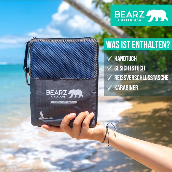 Набір рушників BEARZ Outdoor з мікрофібри (120x60см + рушник для обличчя) - легкі, швидковисихаючі рушники для пляжу, подорожей, спорту та кемпінгу, блакитно-темно-синій