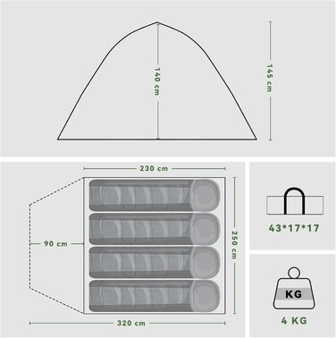 Намет для кемпінгу на 2-4 особи з тамбуром, водонепроникний (PU5000), зелений, для подорожей, трекінгу, кемпінгу та відпочинку на природі