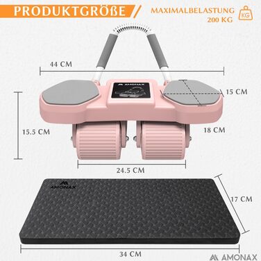 Ролер для пресу Amonax з чотирма колесами та підставкою для ліктів, автоматичний ролер для тренування пресу, ролер для пресу для чоловіків та жінок (рожевий)