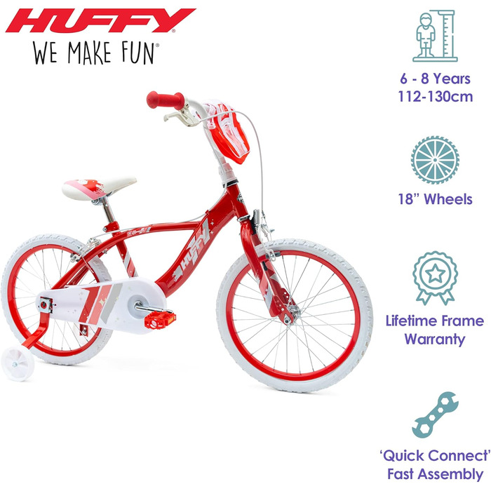 Дитячий велосипед Huffy Glimmer 18 дюймів червоний для дівчаток 6-8 років, легка швидка збірка, зі стабілізаторами